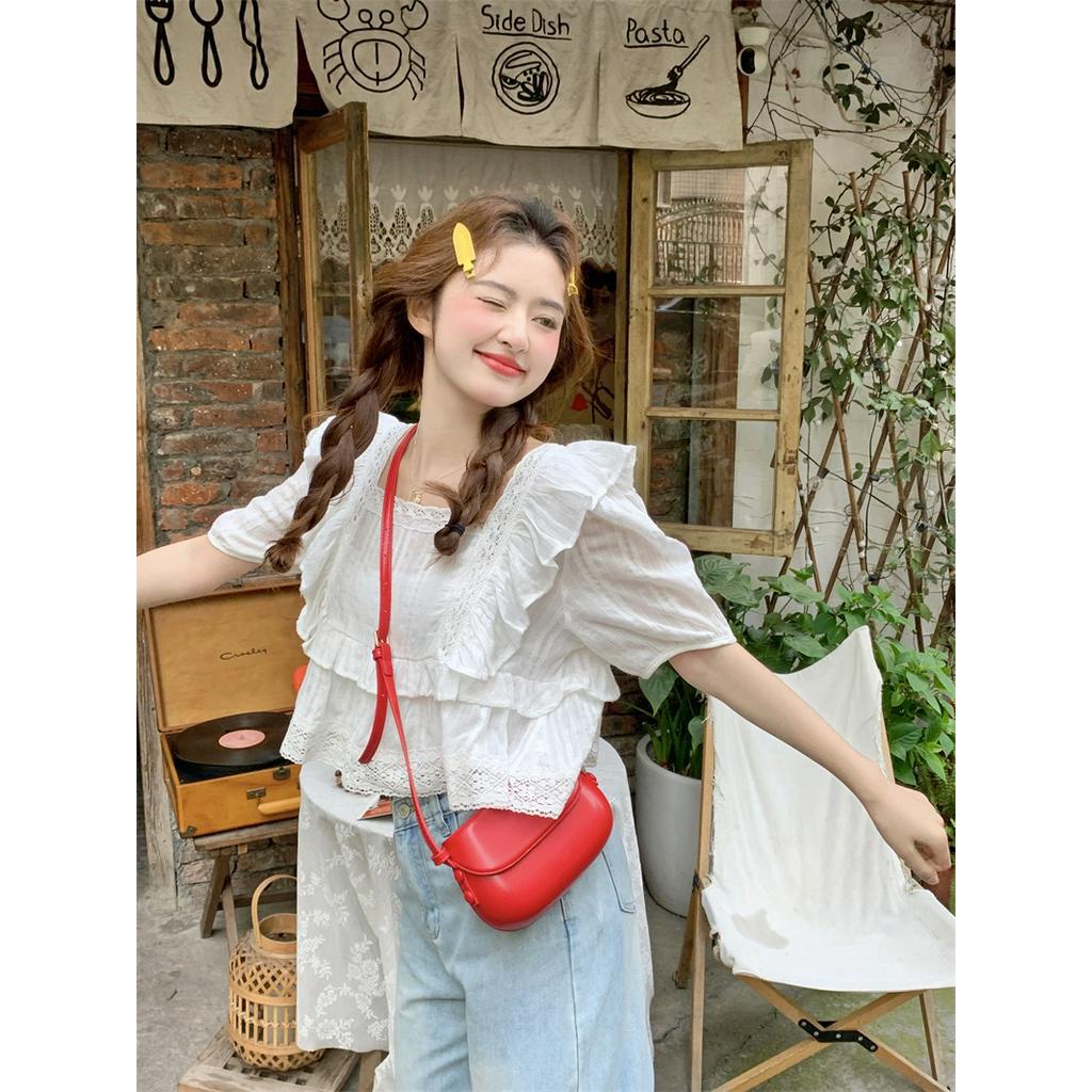 Áo Kiểu Cổ Vuông Tay Ngắn Phối Ren Phong Cách Mới 63225