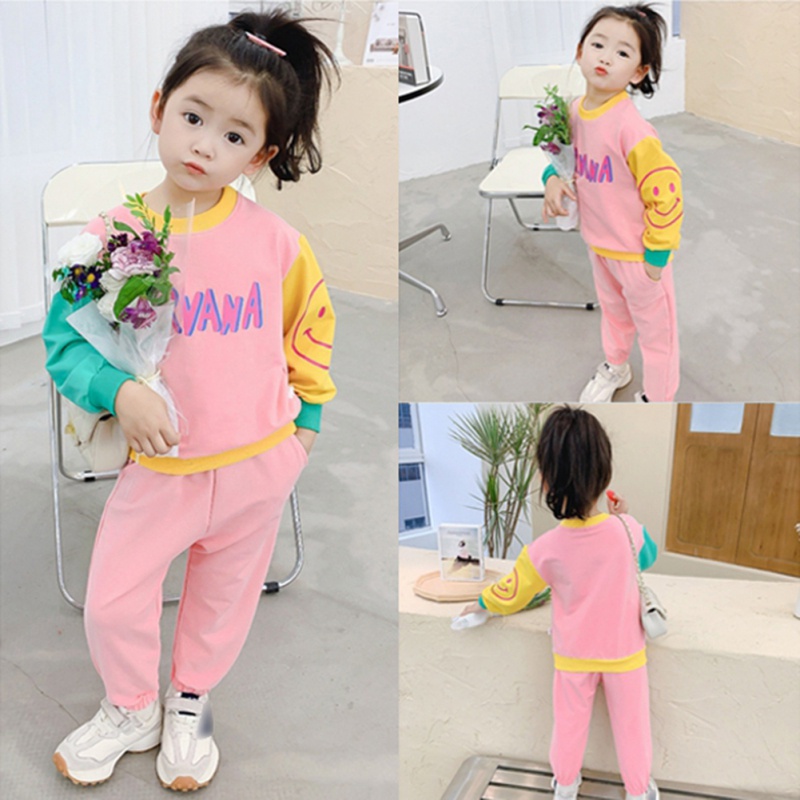 Bộ Đồ Thể Thao Hai Mảnh Áo Sweater Tay Dài In Hình Mặt Cười Màu Sắc Thời Trang Hàn Quốc Dành Cho Bé Gái