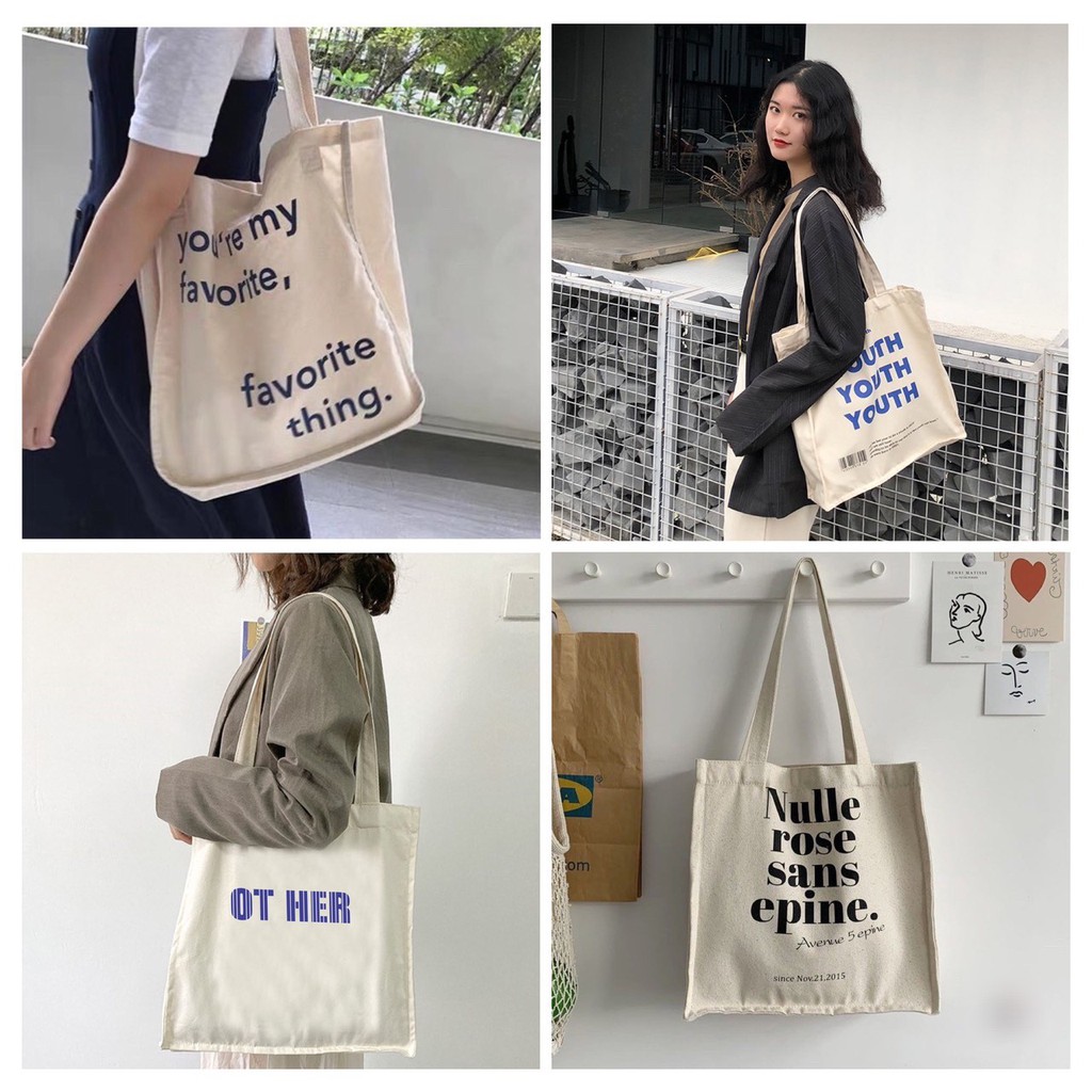 Túi tote túi vải nữ đeo vai họa tiết chữ phong cách Ulzzang