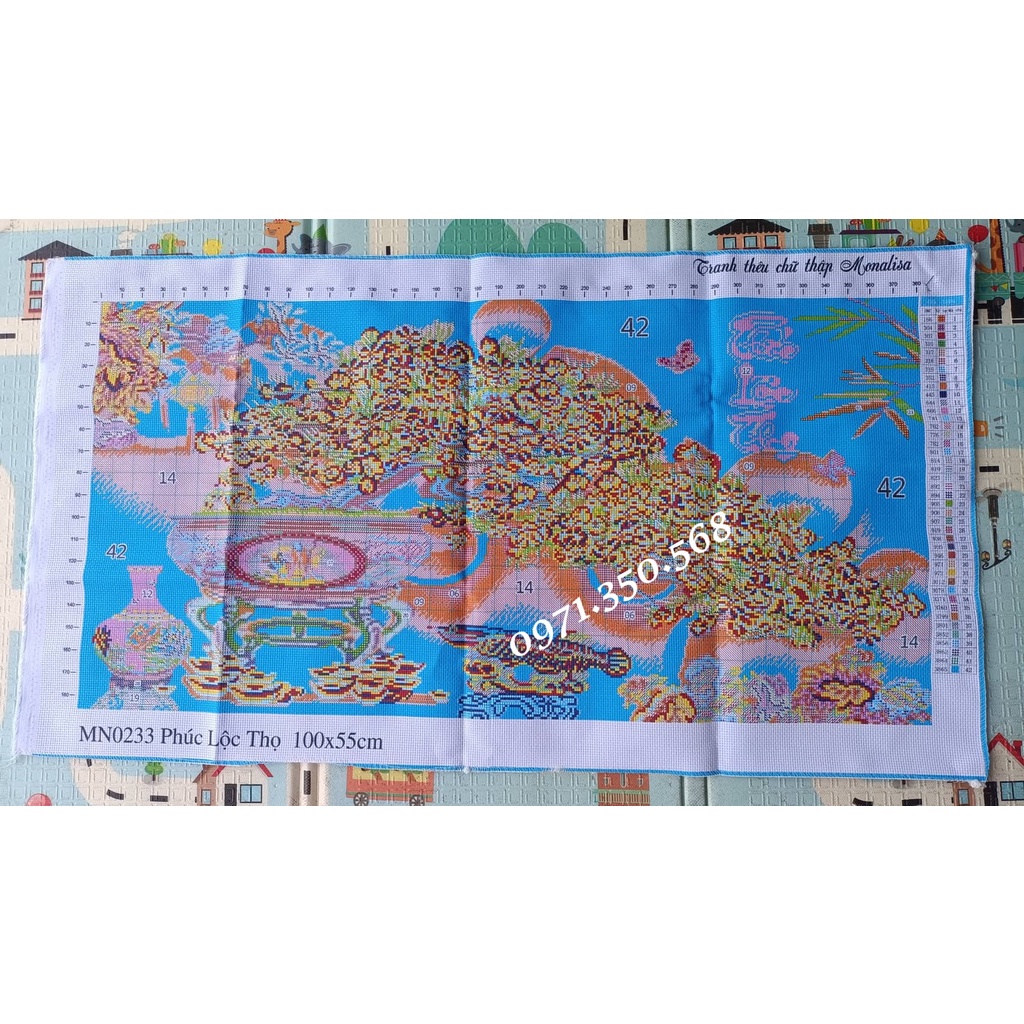 Tranh thêu chữ thập Phúc lộc thọ Mai vàng MN0233-100X55cm