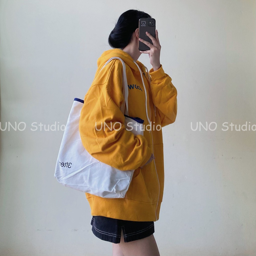 Áo hoodie zip có khoá kéo màu vàng in chữ POW