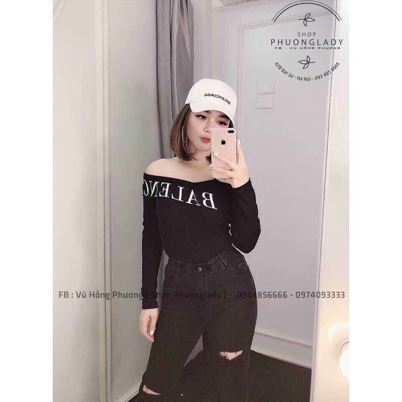 Áo kiểu nữ lệch vai tay dài in chữ xinh xắn