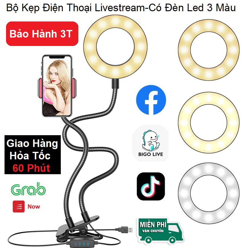 Đèn Led Livestream - Kẹp Điện Thoại - Kẹp Bàn - Uốn Dẻo Đa Năng - 3 Màu Đèn - Chỉnh Sáng Tối - Tặng Kèm Nguồn, Remote