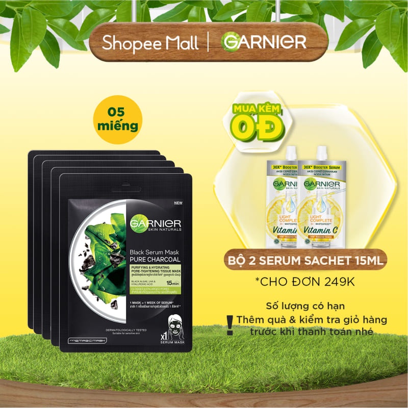 Bộ 5 mặt nạ rong biển & than tre thanh lọc da Garnier Charcoal & Black Algae Serum Mask | BigBuy360 - bigbuy360.vn