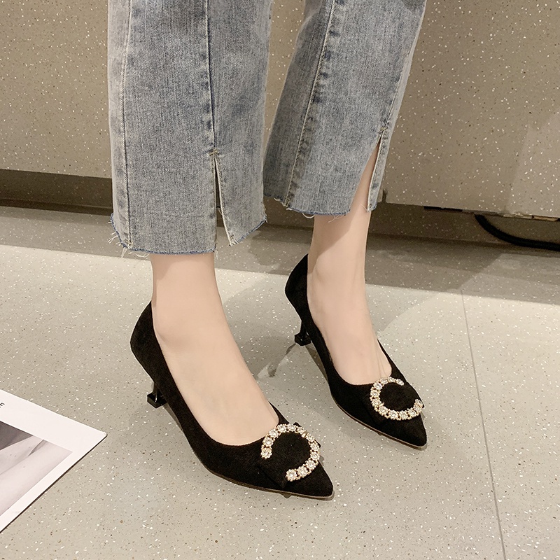 Giày cao gót da lộn mũi nhọn phong cách phương tây cho nữ