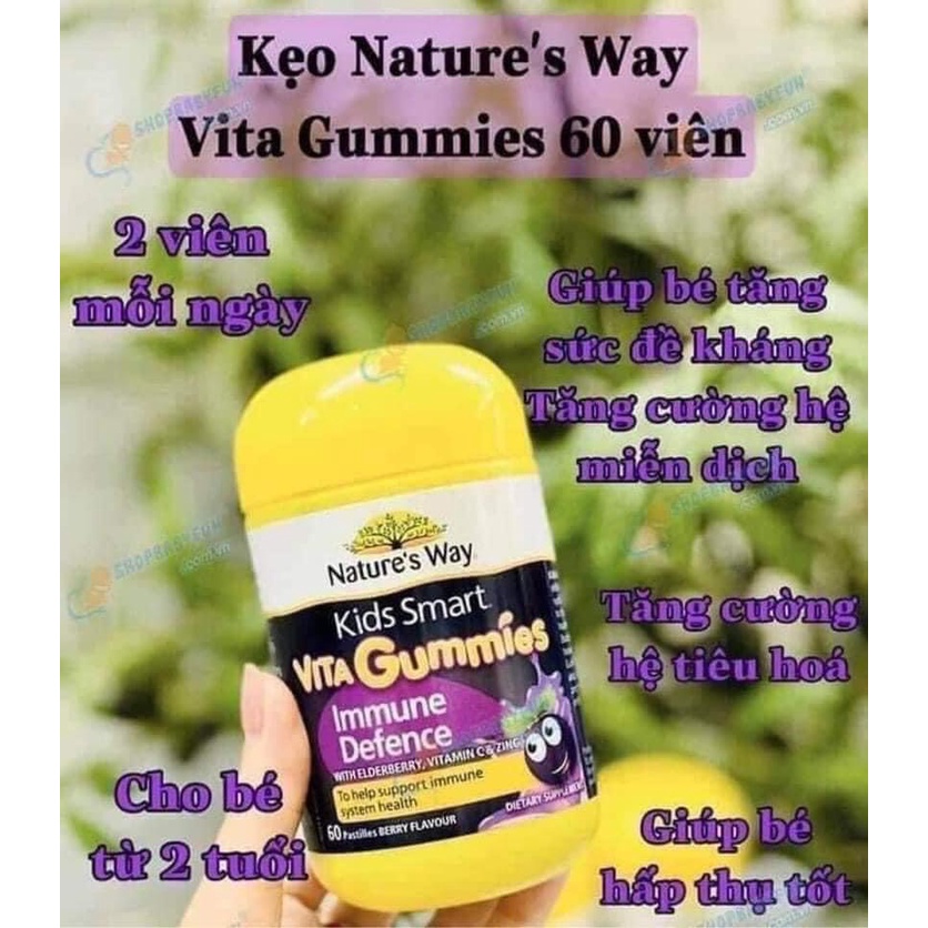 Kẹo gum dẻo Nature Way Kids Smart Vita Gummies Immune Defence 60 viên tăng cường sức đề kháng cho bé của Úc