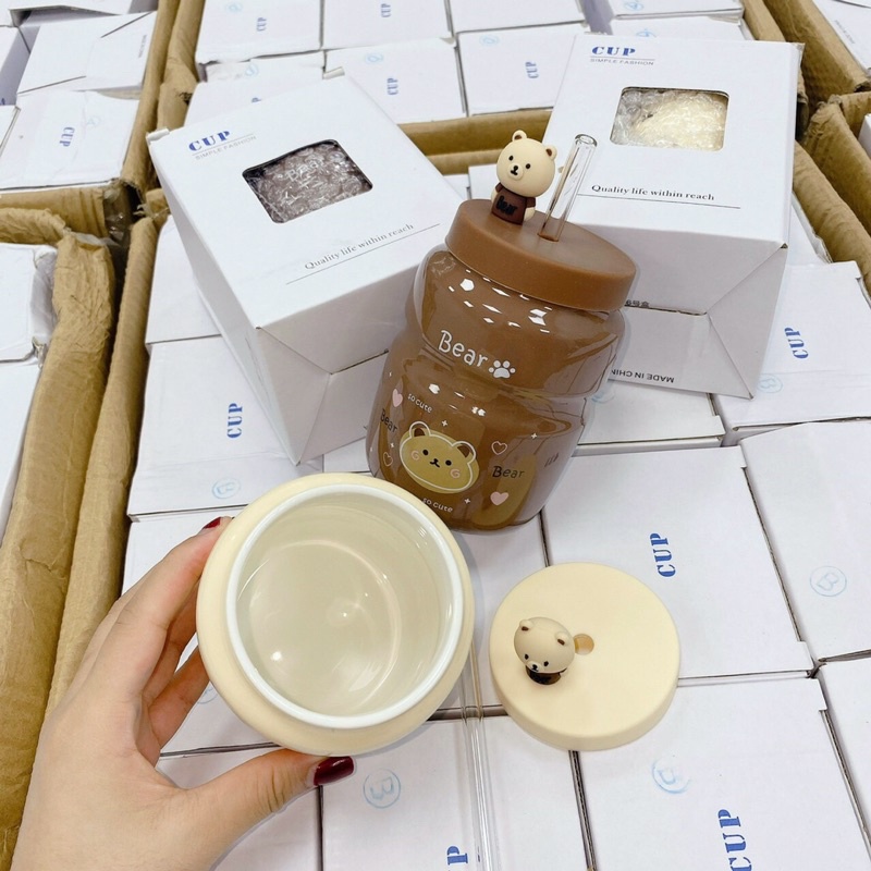 CỐC SỨ CAO CẤP TRÁNG MEN IN HOẠ TIẾT GẤU BIER KÈM ỐNG HÚT NGỘ NGHĨNH.AH