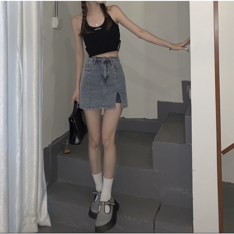 Chân váy jean denim ngắn nữ ôm sát body có quần xẻ tà chữ a - Order taobao quảng châu