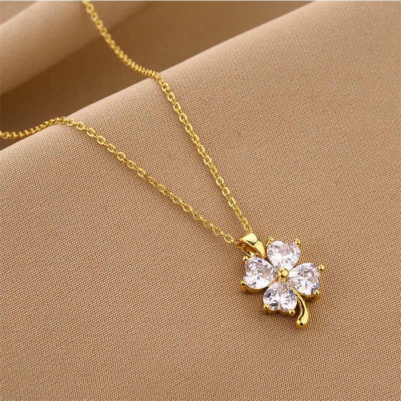 Vòng cổ Thép Titan Mặt Cỏ Bốn Lá Dát zircon Đơn Giản Nhẹ Nhàng Sang Trọng Cho Nữ
