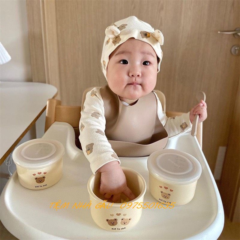 Bát ăn dặm GỐM SỨ CAO CẤP CERAMIC BOWL dotodot cho bé có nắp Silicon Hình Gấu Đáng Yêu Cho Bé