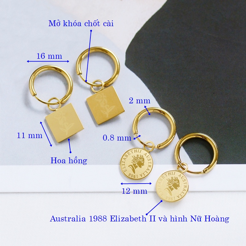 Khuyên tai tròn titan không gỉ mặt vuông hoa hồng mặt tròn nữ hoàng (1 đôi)