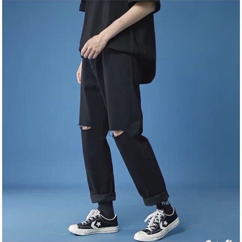 Quần Jean Baggy Nam nữ Hiyou màu đen, Quần bò baggy nam nữ đen rách cách điệu, chất jean nhập khẩu Quảng Châu