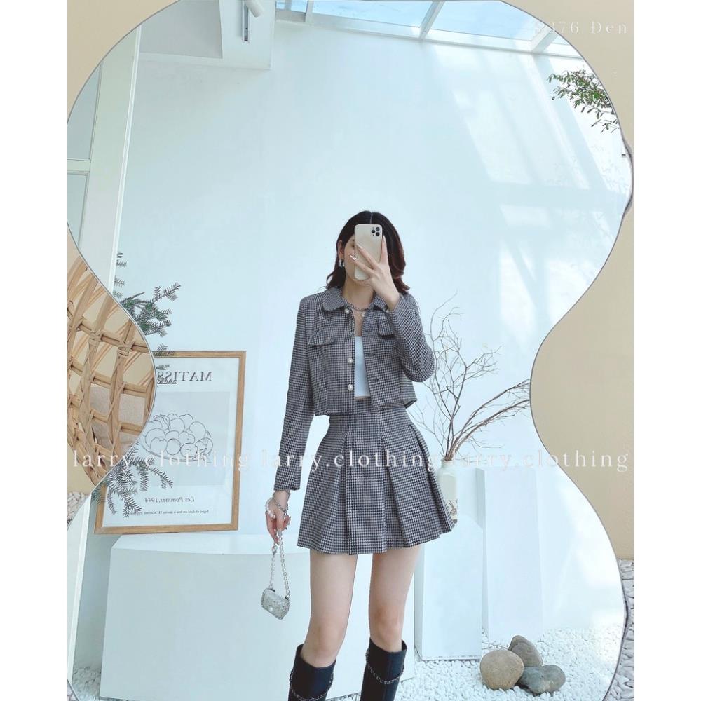 VIP Set S376 Áo Khoác Dạ Tweed Đính Cúc Ngọc Chân Váy Ngắn Xếp Ly Larry Clothing