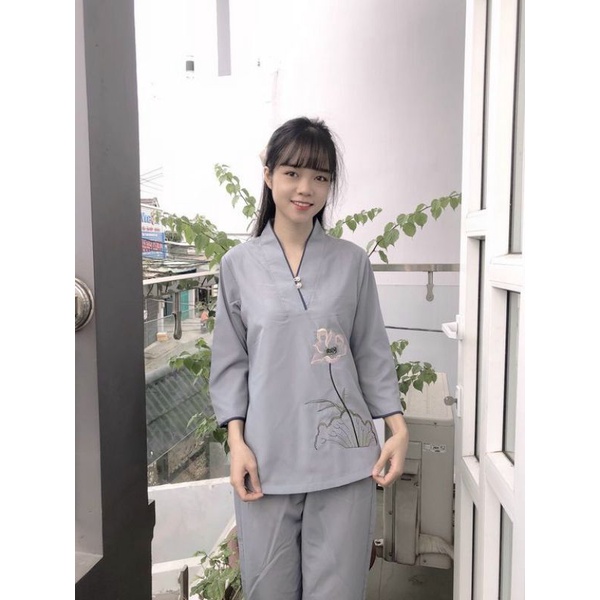 ĐỒ LAM ĐI CHÙA - MẪU NỮ THÊU SEN KATE & TIXI LOẠI 1