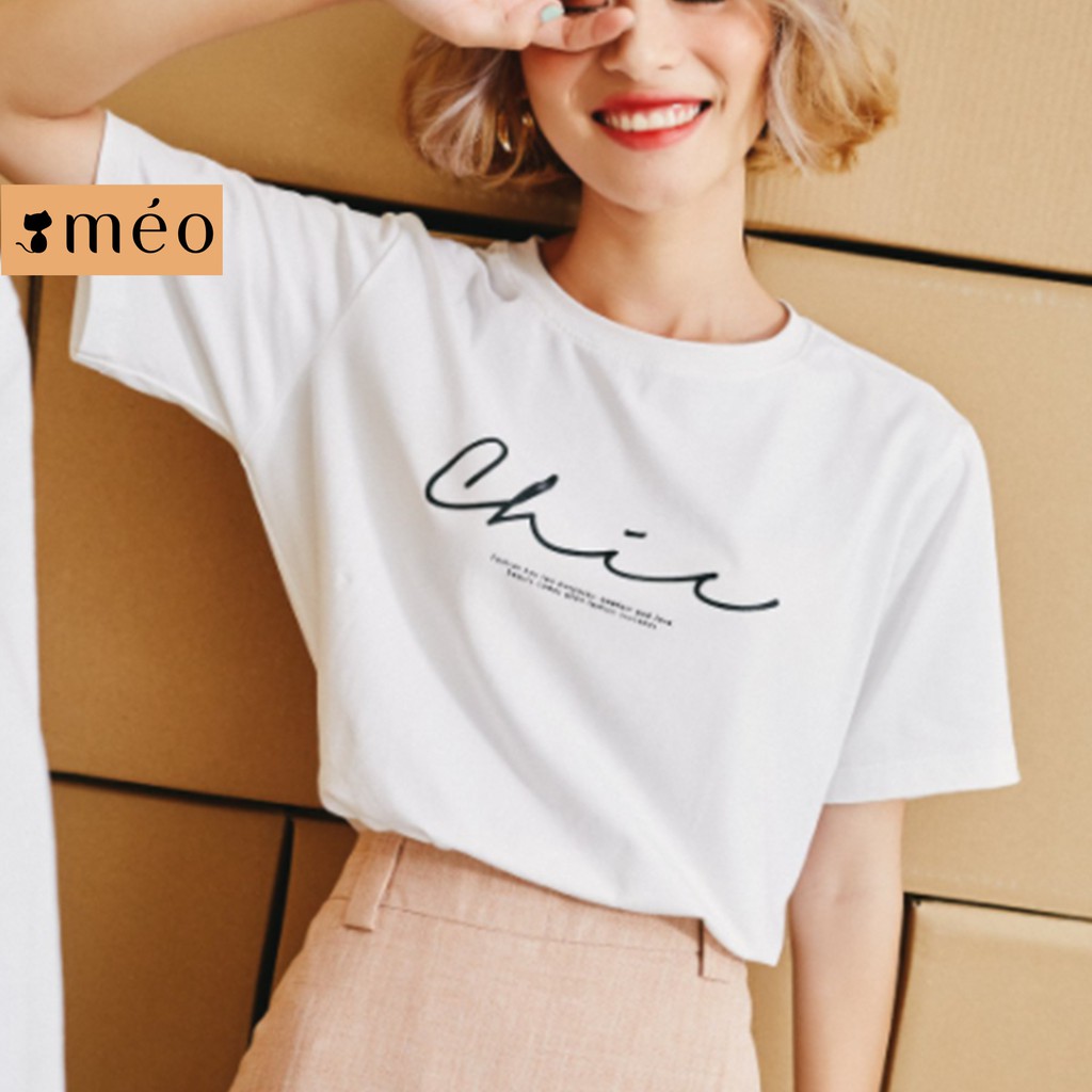 Áo thun tay lỡ Méo shop phông nữ cổ tròn cotton in chữ Chic freesize form rộng