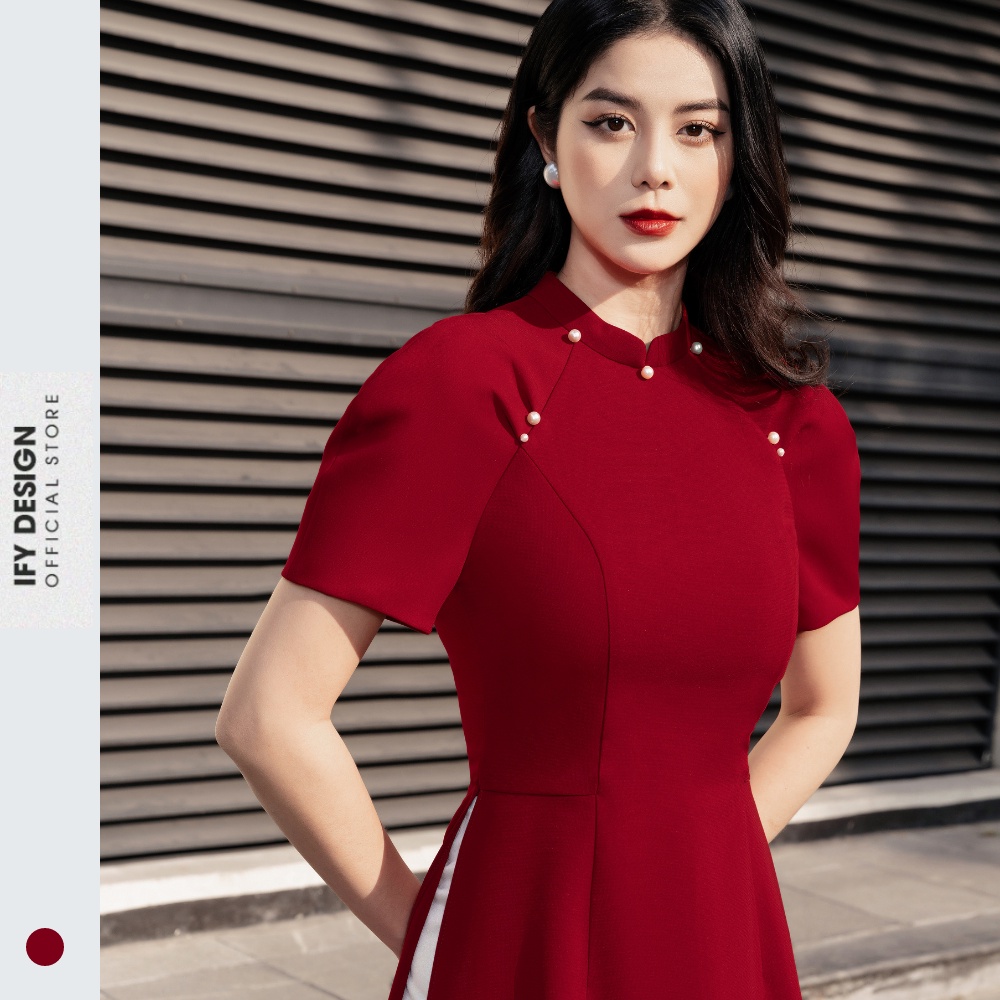 Áo dài cách tân đính ngọc tay bồng màu đỏ IFY Design FAD01A