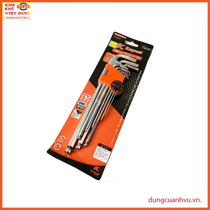 Lục giác nhật Kapusi  9 cây: 1.5, 2, 2.5, 3, 4, 5, 6, 8, 10 mm  thép mạ crom với công nghệ xử lý nhiệt siêu bền