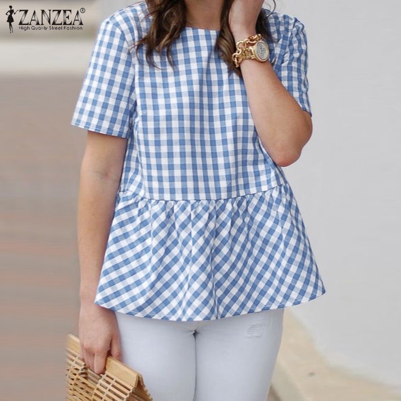 Zanzea Áo Sơ Mi Tay Ngắn Viền Bèo Họa Tiết Sọc Caro Phong Cách Châu Âu Thời Trang