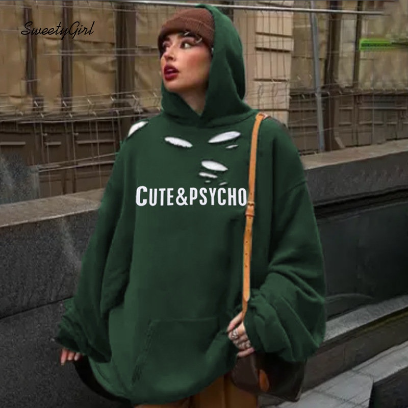 Áo Hoodie Dáng Rộng Tay Dài Khoét Lỗ In Chữ Màu Xanh Lá Thời Trang 2022 Cho Nữ