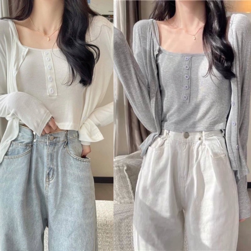 [Ảnh thật/Video]Set 2 Món gồm áo Cadigan và Áo 2 dây Nữ cúc ngực