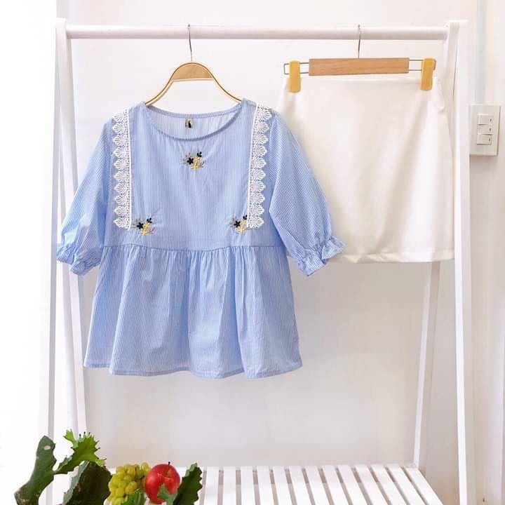 Áo Babydoll Sọc Xanh Thêu Hoa (Hình thật/Hàng sẵn)