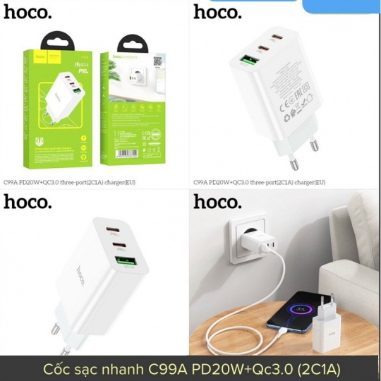 Cóc Sạc Nhanh Hoco 20W C99A - 3 cổng, 2 type C 1 USB