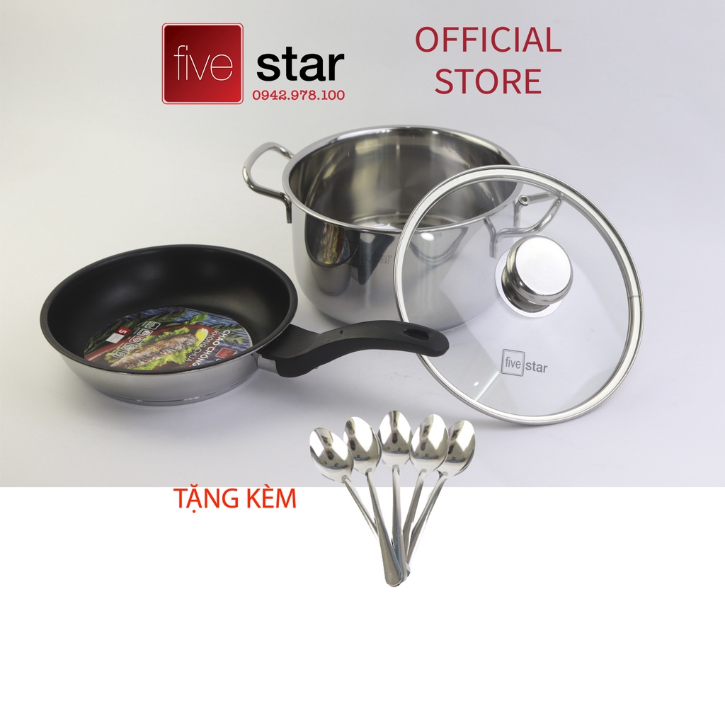 Nồi và chảo chống dính 3 đáy inox 430 FiveStar Standard bếp từ nắp kính tặng 5 muỗng (16cm/20cm/24cm )