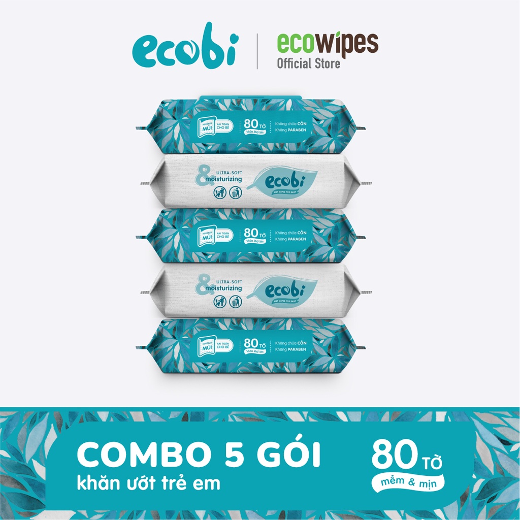 Combo 5 gói KHĂN ƯỚT EM BÉ ECOBI 80 tờ - Không mùi