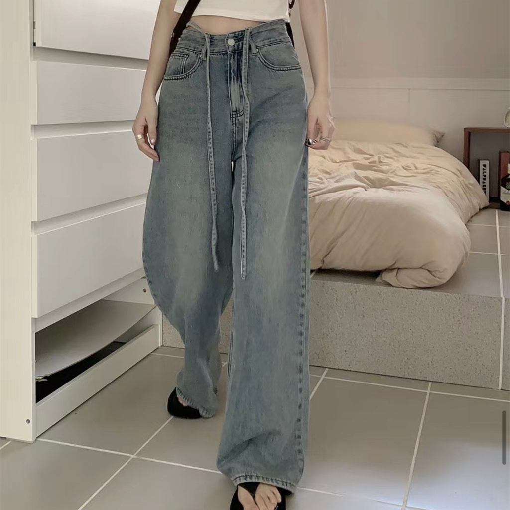 Quần jean ống rộng SUXI lưng cao màu sắc đơn giản thời trang thu đông cho nữ