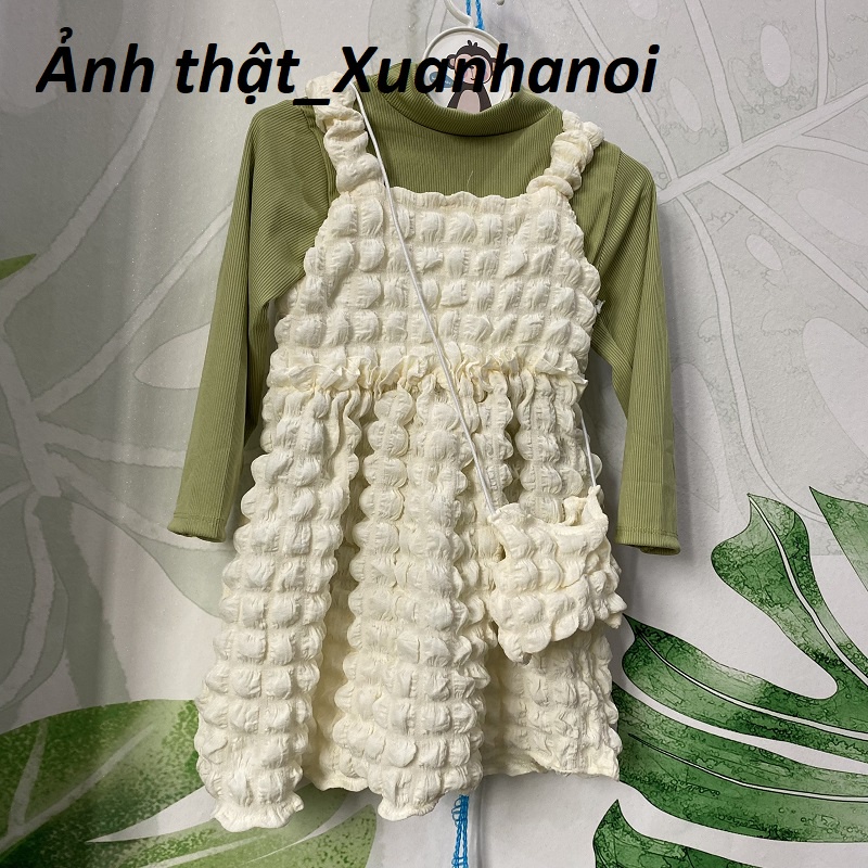 Váy bé gái đũi xốp nhăn váy 2 dây yếm và áo rời kèm túi đeo chéo XHN1058