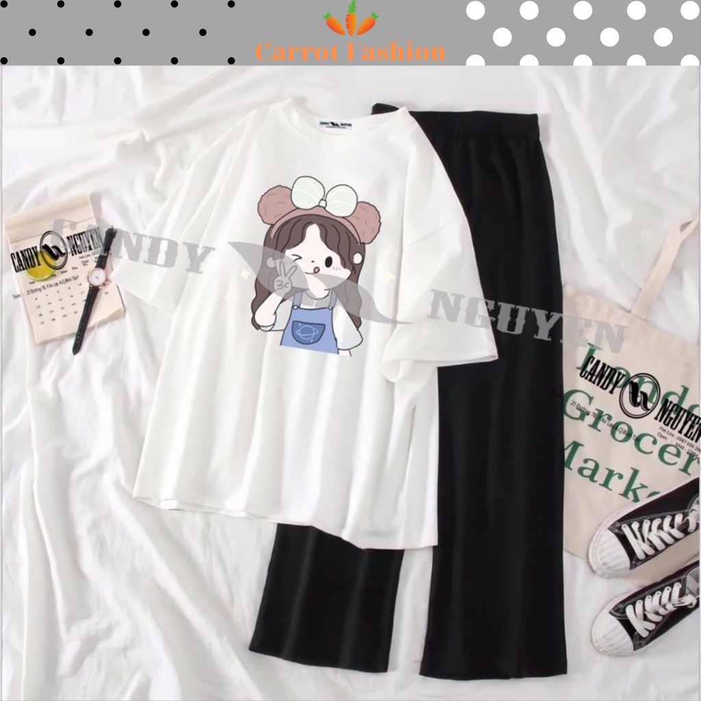 Sét Bộ Đồ Nữ Mặc Đi Chơi , Đi Học Mùa Hè, Áo Phông Nữ Cotton In Chibi Bé Selfie Mix Quần Ống Rộng Suông Teen Hàn Quốc