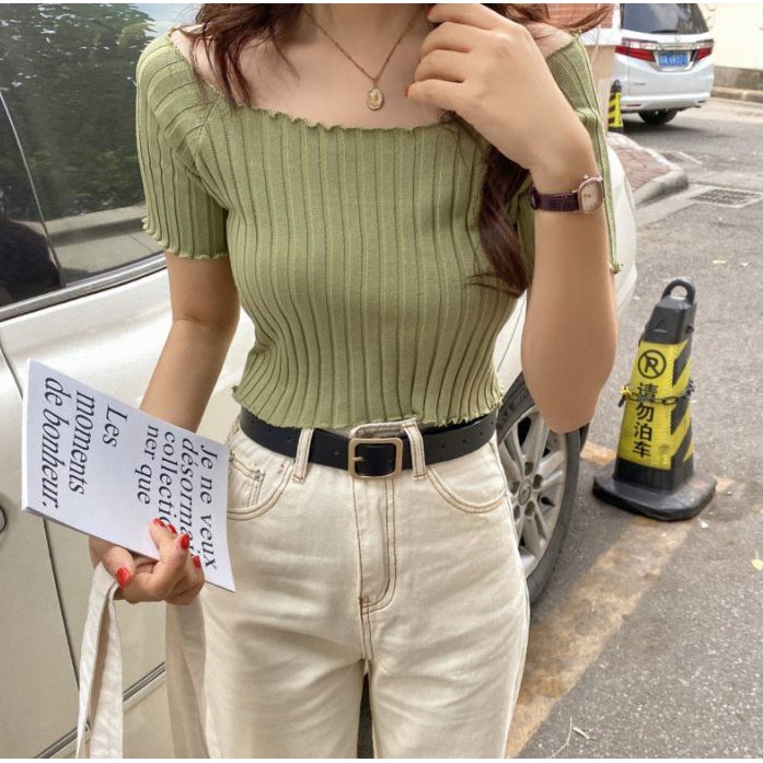 Áo croptop nữ, Áo ngắn tay nữ trễ vai sành điệu, hàng dệt kim xịn xò | BigBuy360 - bigbuy360.vn