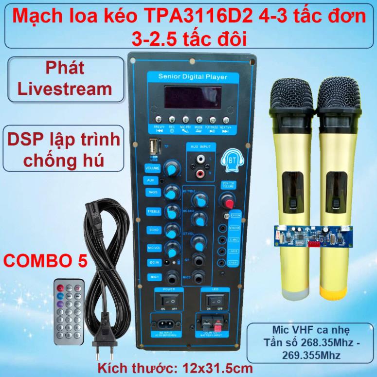 Mạch loa kéo TPA3116D2 150W LIVESTREAM - DSP lập trình chống hú loa kéo 4 – 3 tấc ĐƠN 3 – 2.5 tấc ĐÔI Kèm Micro VR XANH