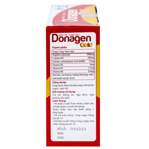 Donagen Gold, hỗ trợ bổ sung acid amin (Arginine, L-Lysine, GABA) Hộp 20 ống x 10ml, hàng chính hãng.