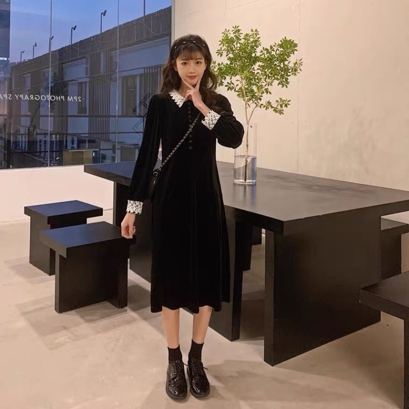 Đầm Nhung Phối Ren Thiết Kế Mới Thời Trang Mùa Thu Theo Phong Cách Hàn Quốc Dành Cho Nữ