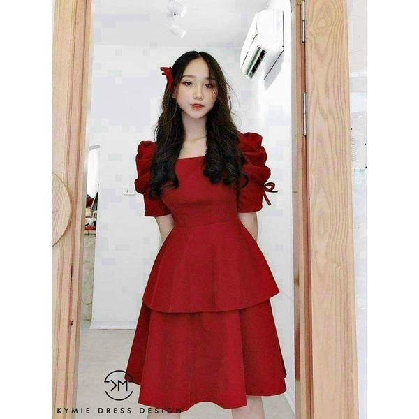 Đầm thời trang nữ mặc đi chơi chất for cổ vuông tay búp xếp ly phồng váy có tầng