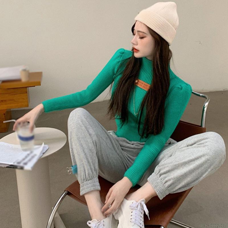 Áo Croptop Dệt Kim Tay Dài Thiết Kế Cổ Lọ Thanh Lịch