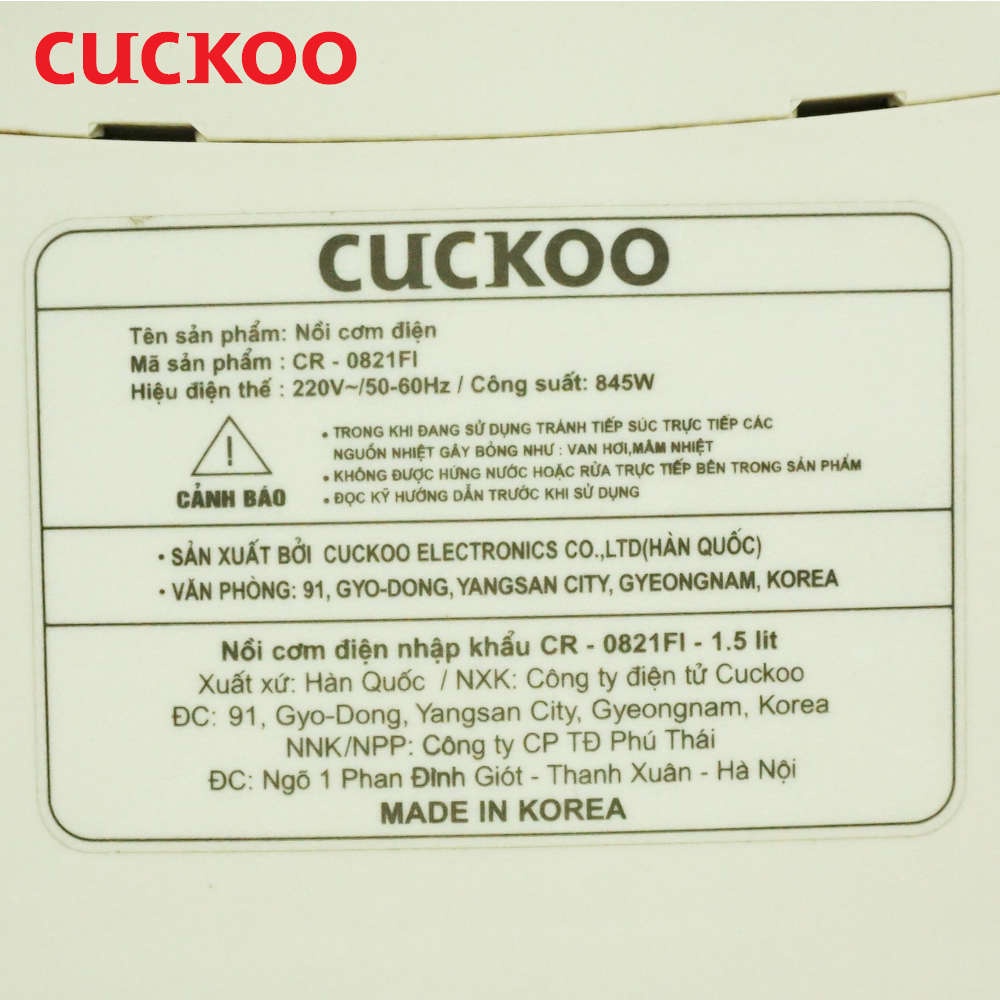 Nồi cơm điện tử Cuckoo CR-0821FI dung tích 1.5 lít bảo hành 24 tháng - Made in Korea