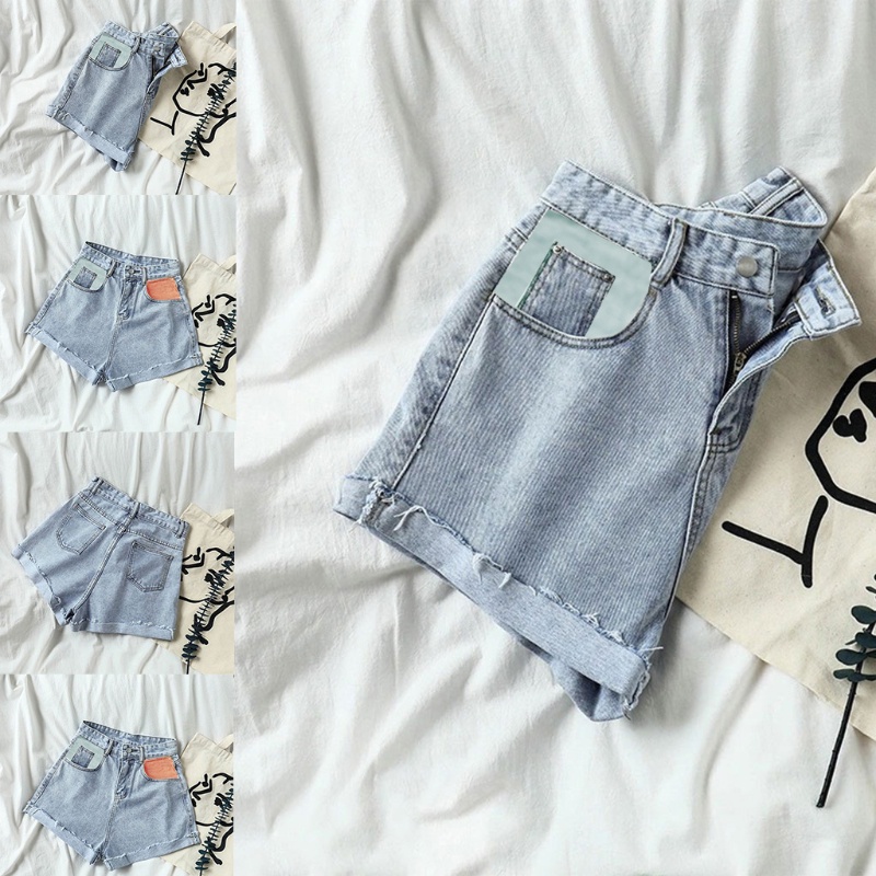 Quần Short Jean Lưng Cao Ống Rộng Phối Màu Thời Trang Mùa Hè Cho Nữ