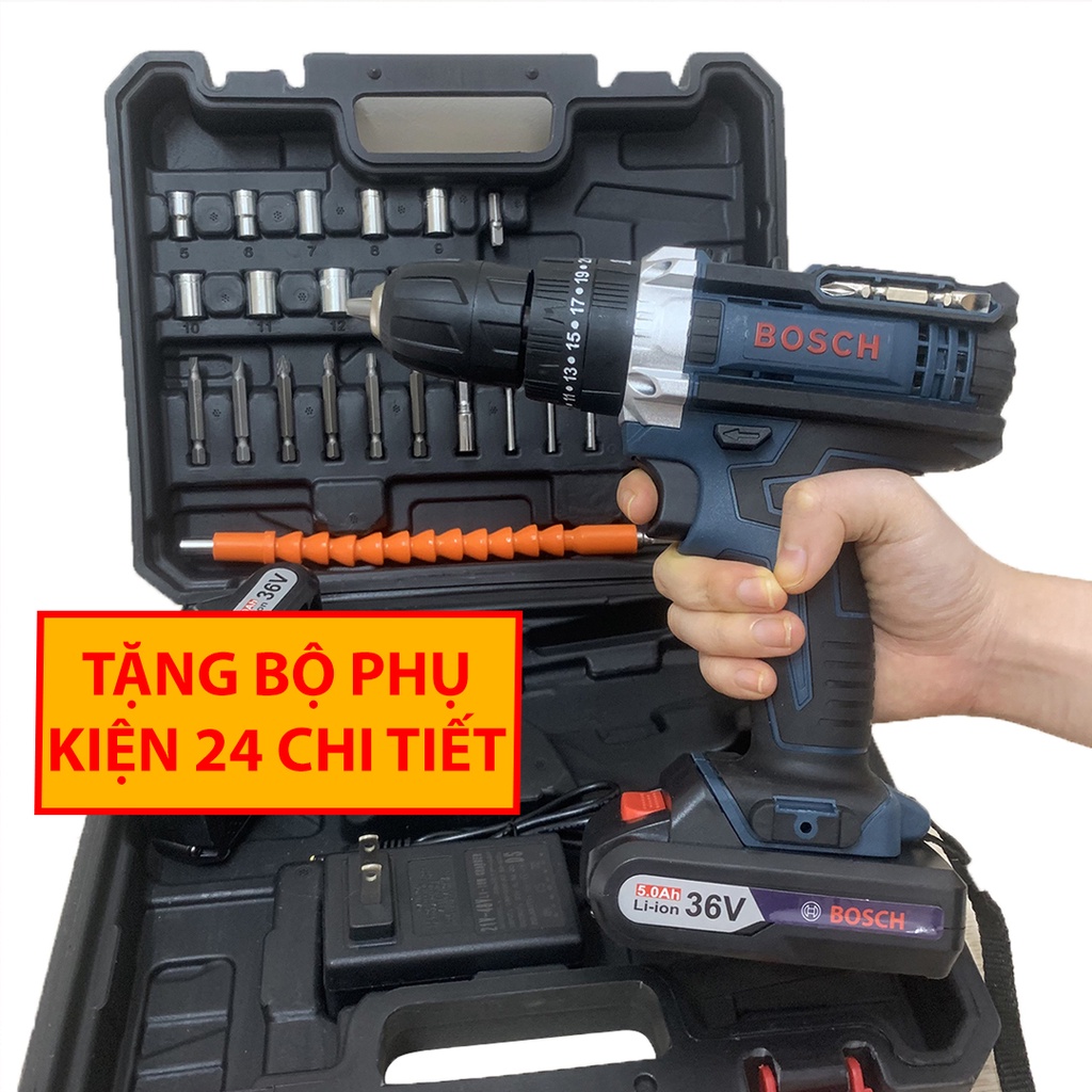 Máy Khoan Pin Bắt Vít Dùng Pin - Khoan Bosch 36V - BH 12 tháng - Tặng bộ phụ kiện 24 chi tiết - 3 Chức năng - Đảo Chiều