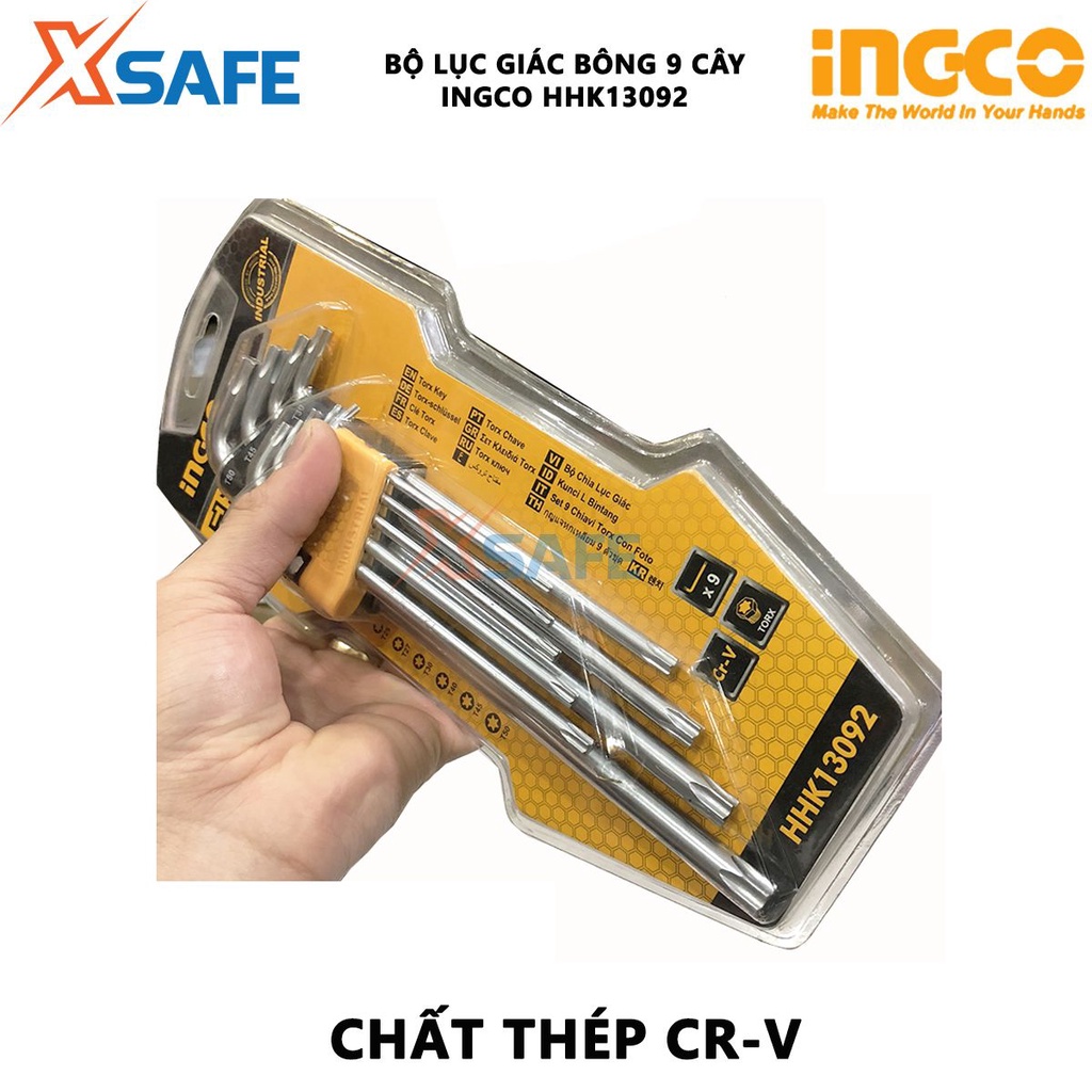 Bộ 9 chìa lục giác bông INGCO HHK13092 Bộ lục giác chất liệu CR-V, size T10-T50, chịu nhiệt, được mạ thép chrome - XSAFE