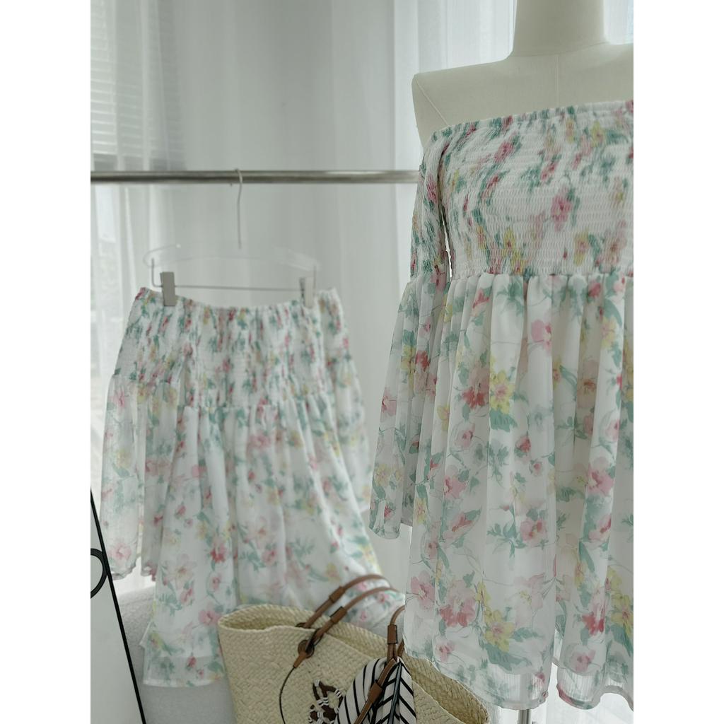 ĐẦM VOAN BẸT VAI HOA BO CHUN TAY PHỒNG