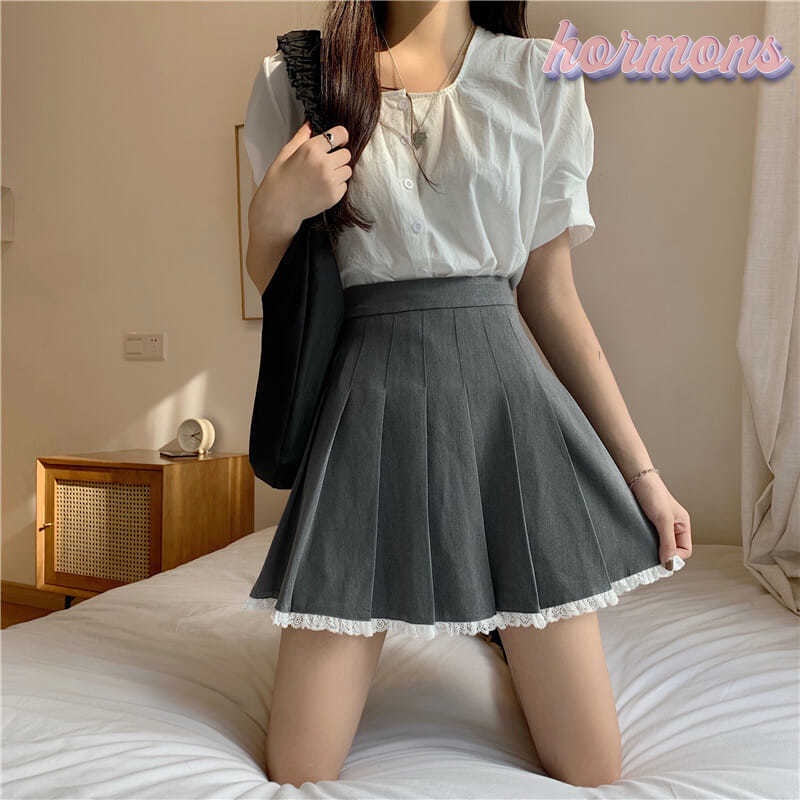 Chân váy xếp ly lưng cao phối ren phong cách retro thời trang mùa hè cho nữ
