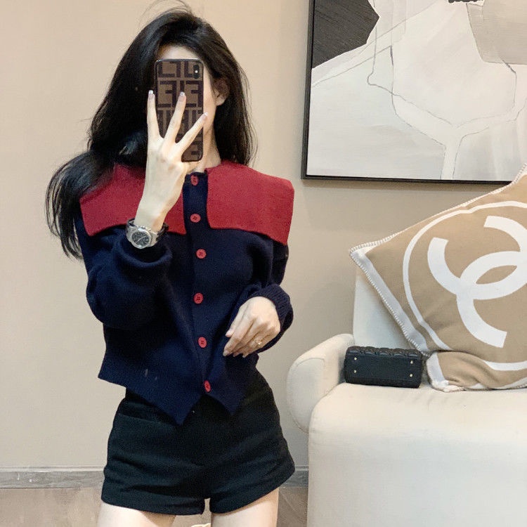 Áo Khoác Cardigan Cổ Hải Quân Cao Cấp Màu Sắc Tương Phản Phong Cách Hàn Quốc Thời Trang Mùa Xuân 2022 Mới Cho Nữ