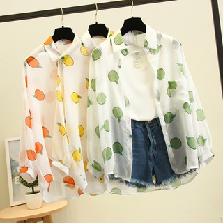 Áo sơ mi chiffon nữ tay dài in hình trái cây