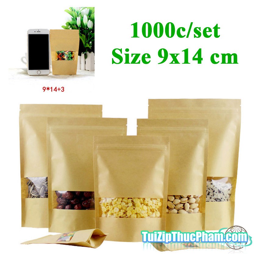 1000 cái túi zipper size 9x14 cm, túi zip giấy kraft vàng có cửa sổ tràn viền đựng thực phẩm chất lượng cao giá rẻ