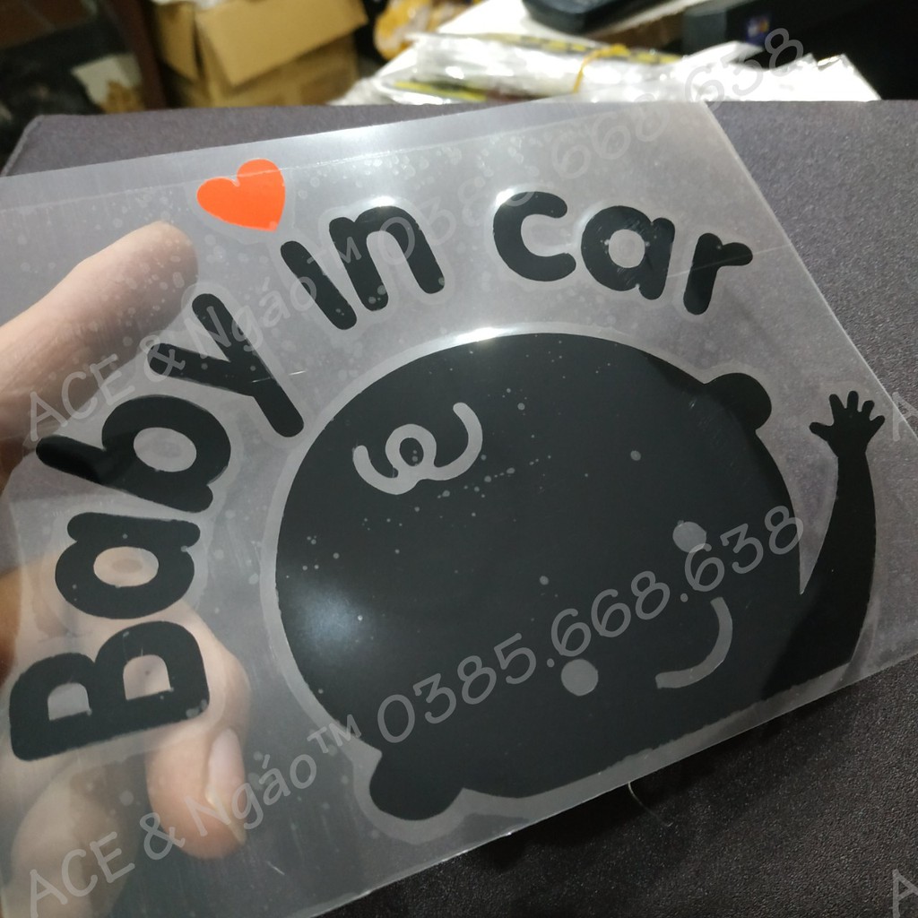 Tem Decal baby in car dán xe đen trắng 13x16cm