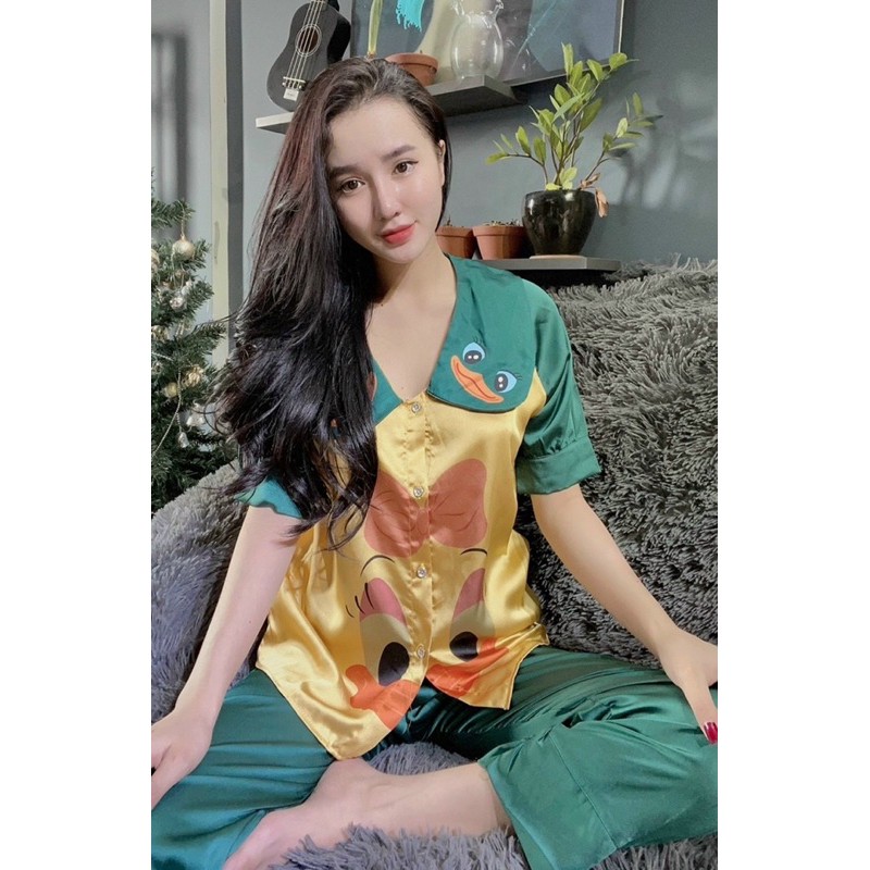 Đồ Bộ Pizama Satin Lụa Chim Hạc Tay Ngắn Quần Dài | BigBuy360 - bigbuy360.vn