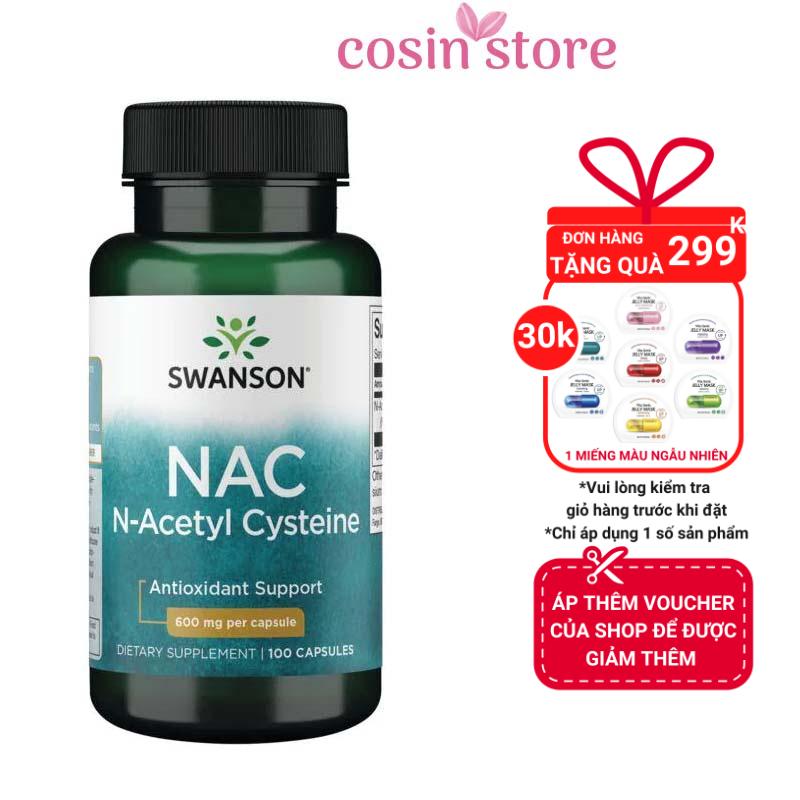 Viên uống Swanson NAC N-Acetyl Cysteine 600mg 100 viên - Hỗ trợ chống oxy hóa , sáng da Coisn Store