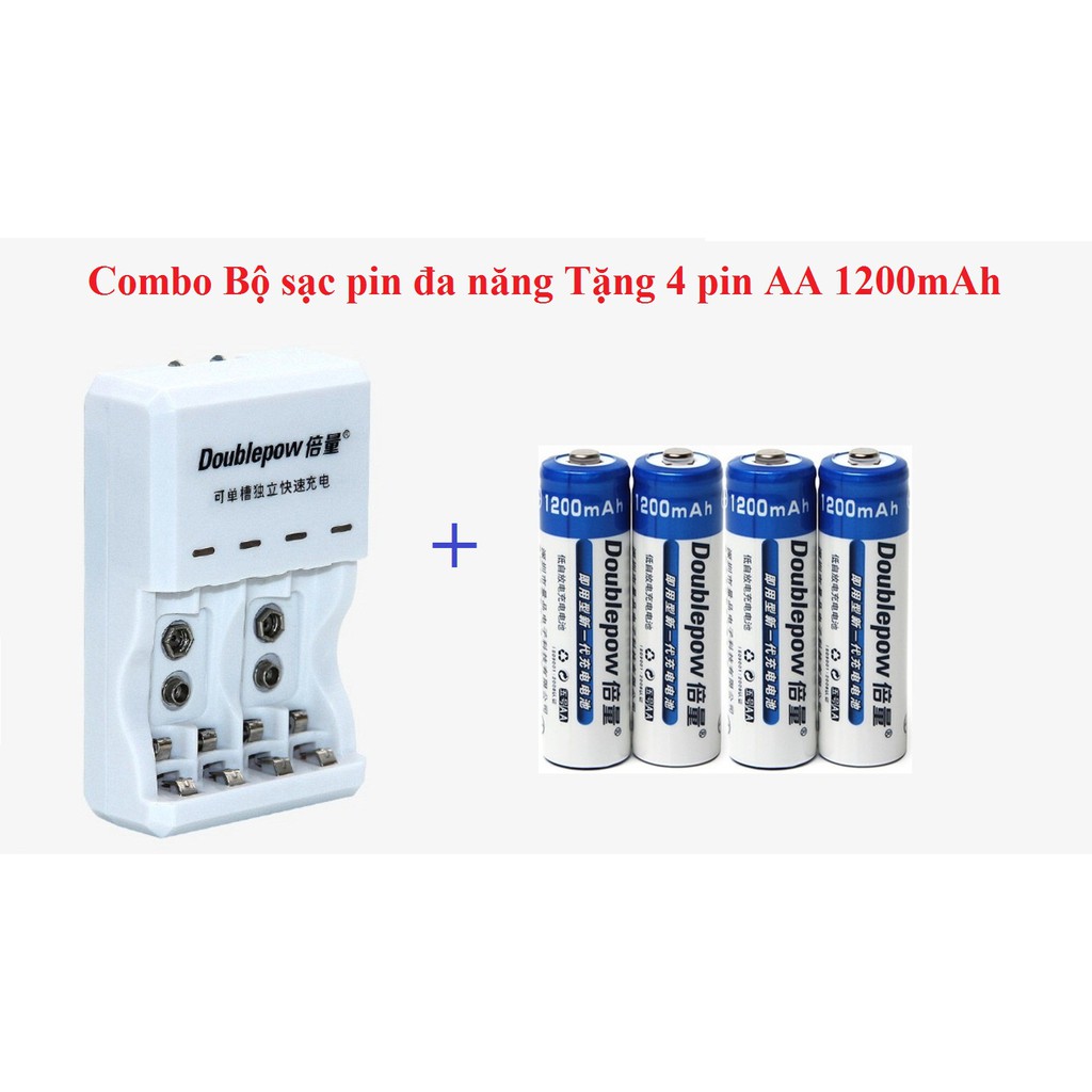 Combo Bộ sạc pin đa năng (sạc pin tiểu AA, AAA, pin vuông 9V) Tặng kèm 4 pin tiểu sạc AA 1200mAh